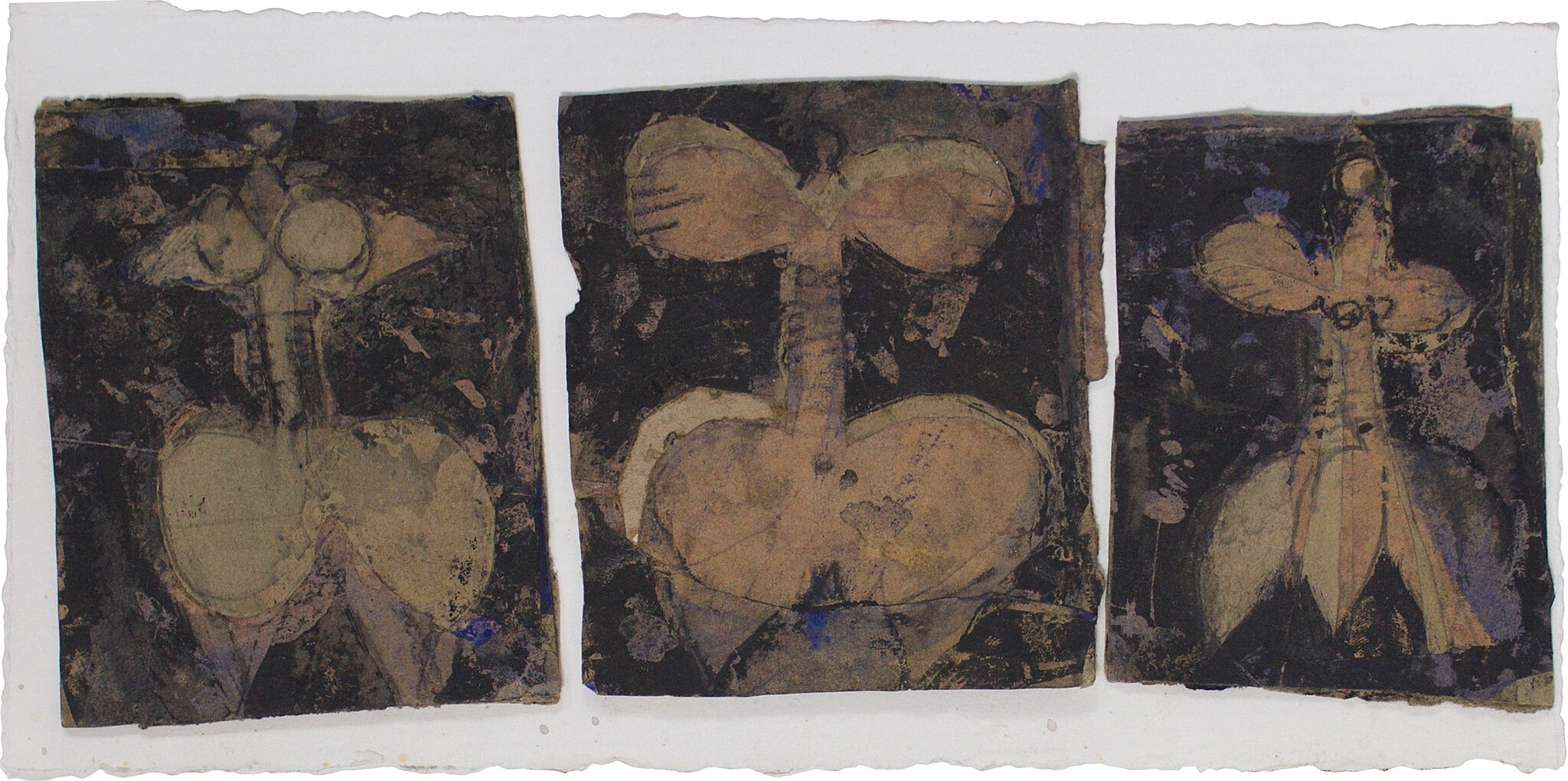 Drawing of three figures over darkly colored rectangular backgrounds