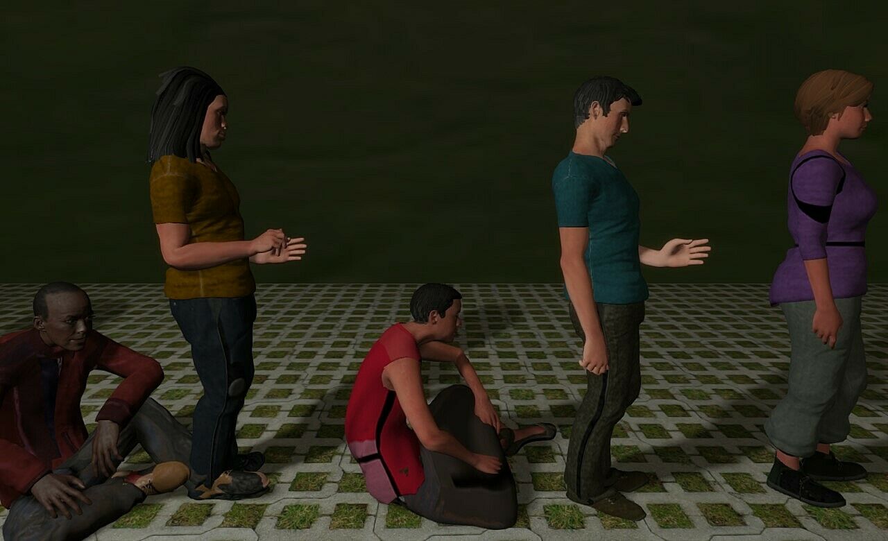 A computer rendering of 5 people in a line, 3 standing and two sitting down, with a dark green background and a grass and tile floor.