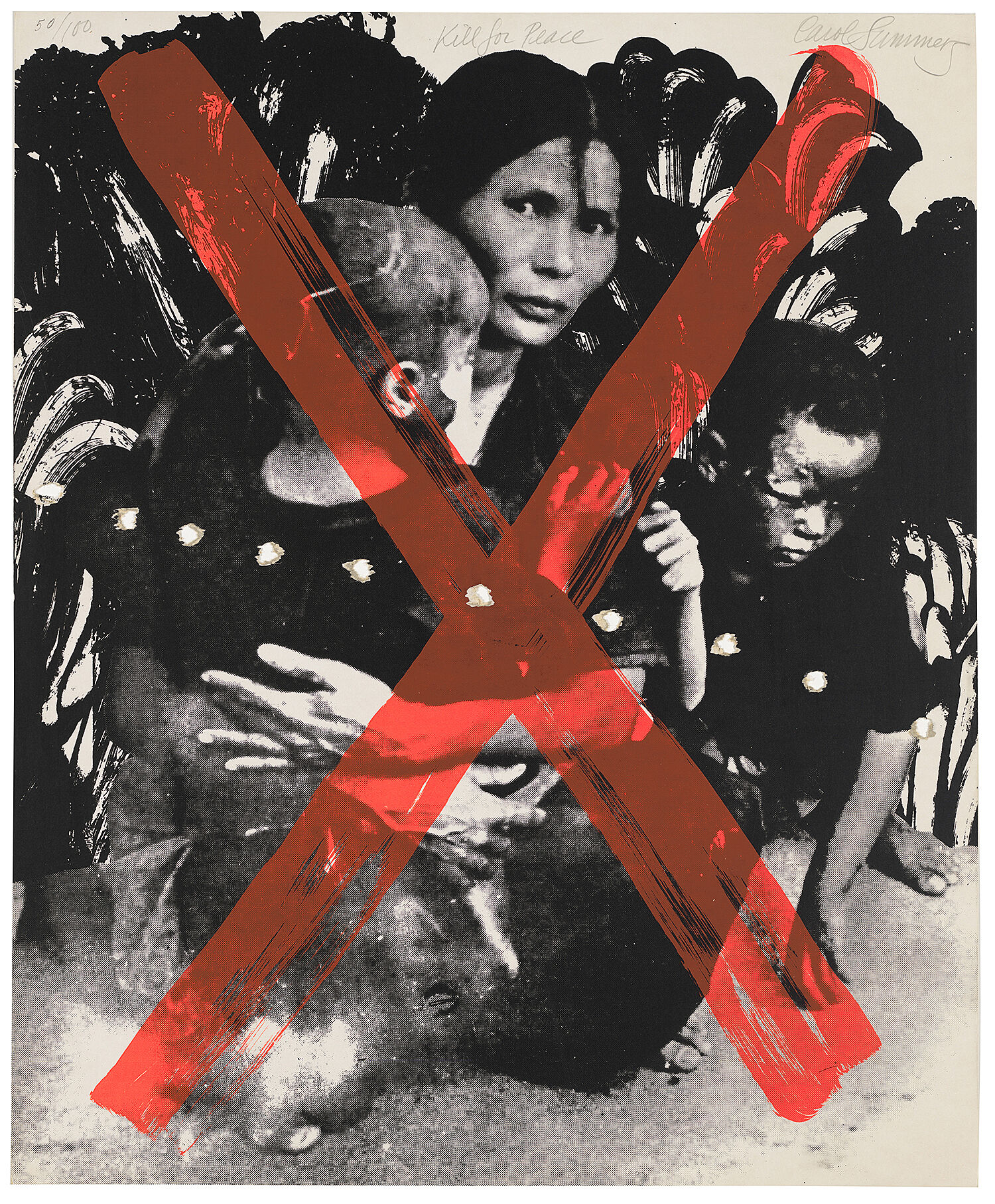 Black and white screenprint of a woman and child covered with a red X.