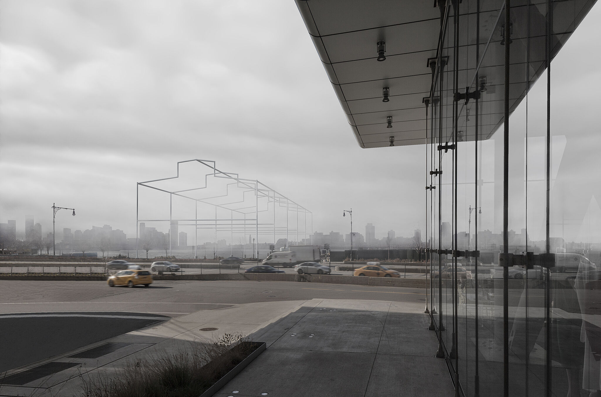 Rendering of a sculpture by David Hammons, resembling the frame of a shed rising from the Hudson River, viewed in fog