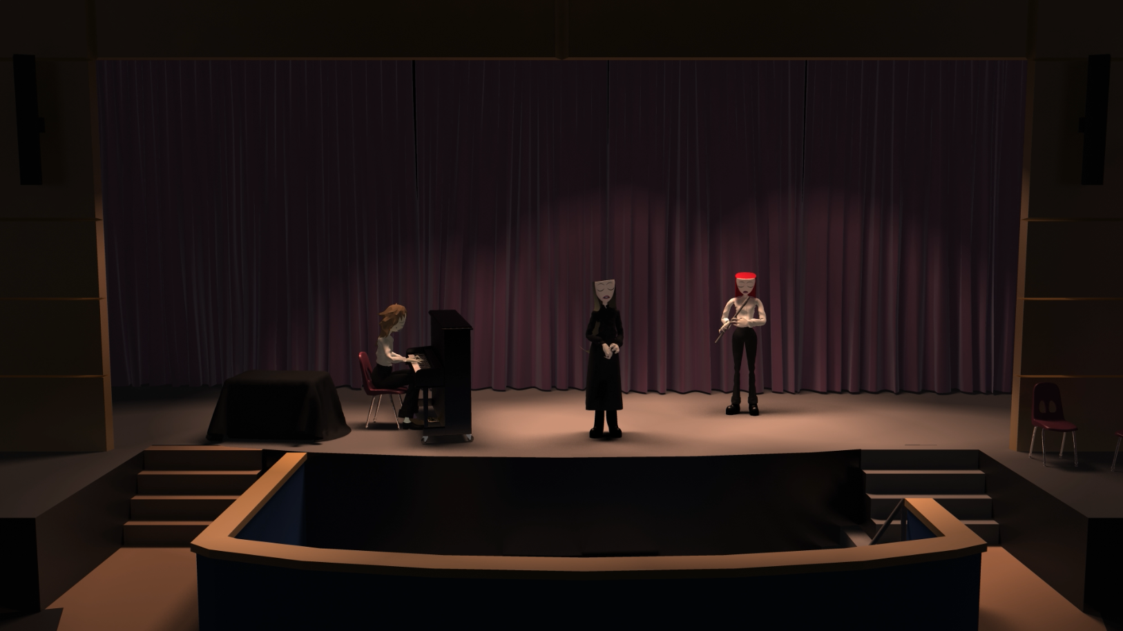 Three animated characters sing on a stage.