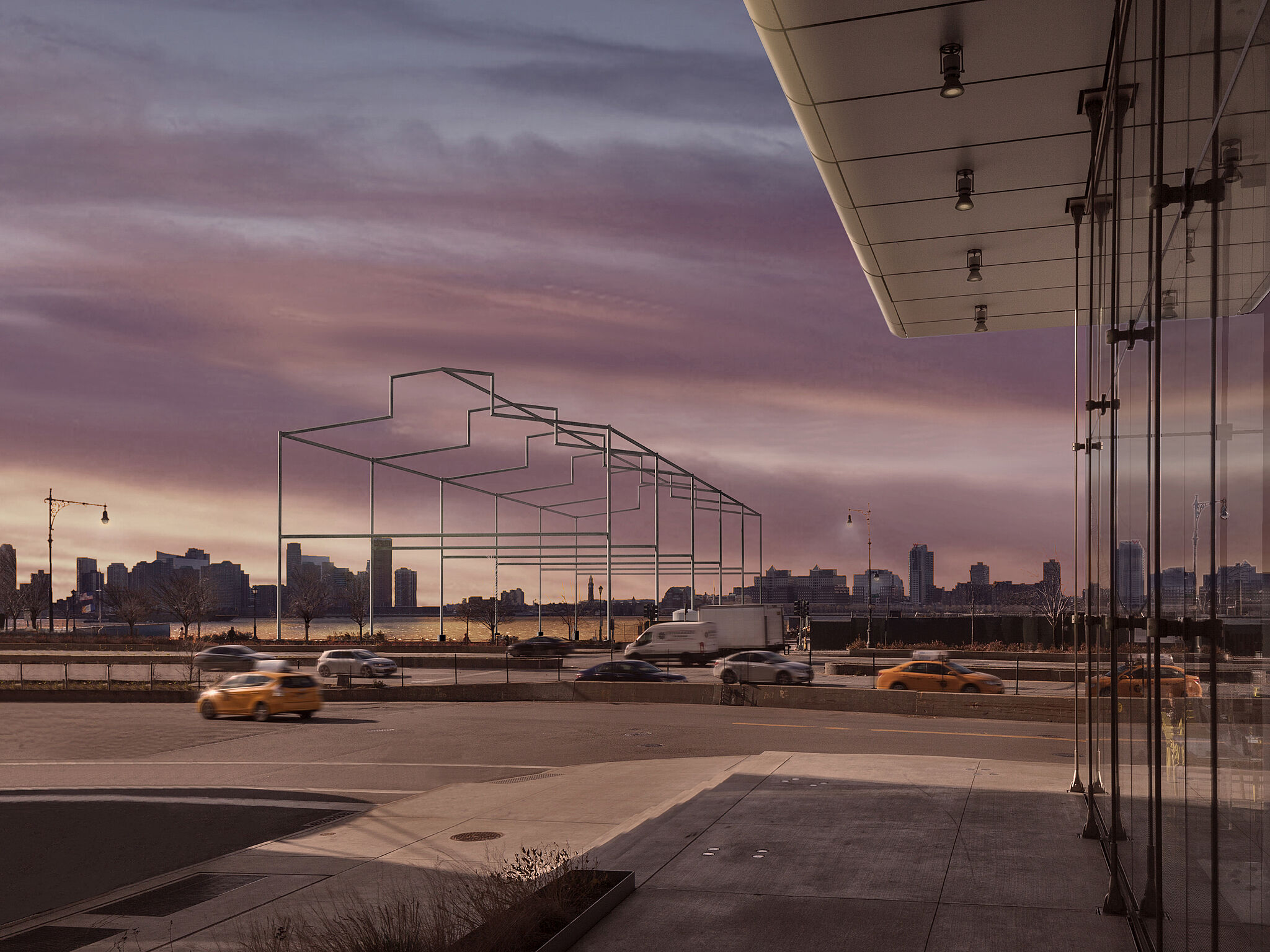 Rendering of a sculpture by David Hammons, resembling the frame of a shed rising from the Hudson River, viewed at sunset