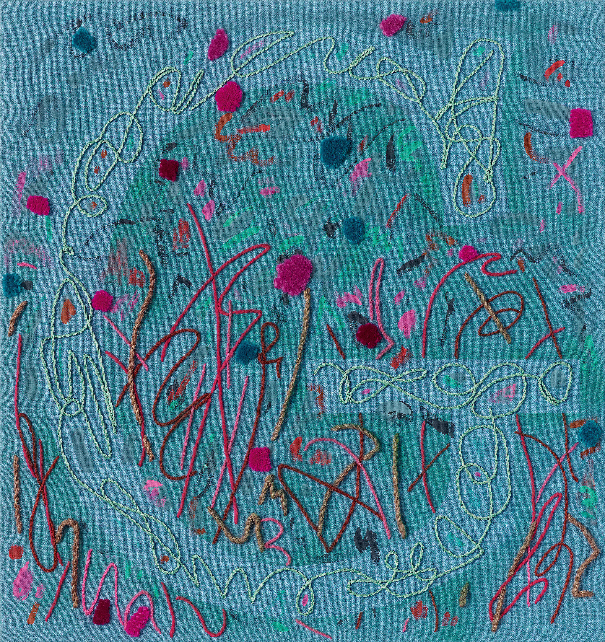 Teal fabric with looping embroidered cords, pink dots, and colorful scribbled paint marks.
