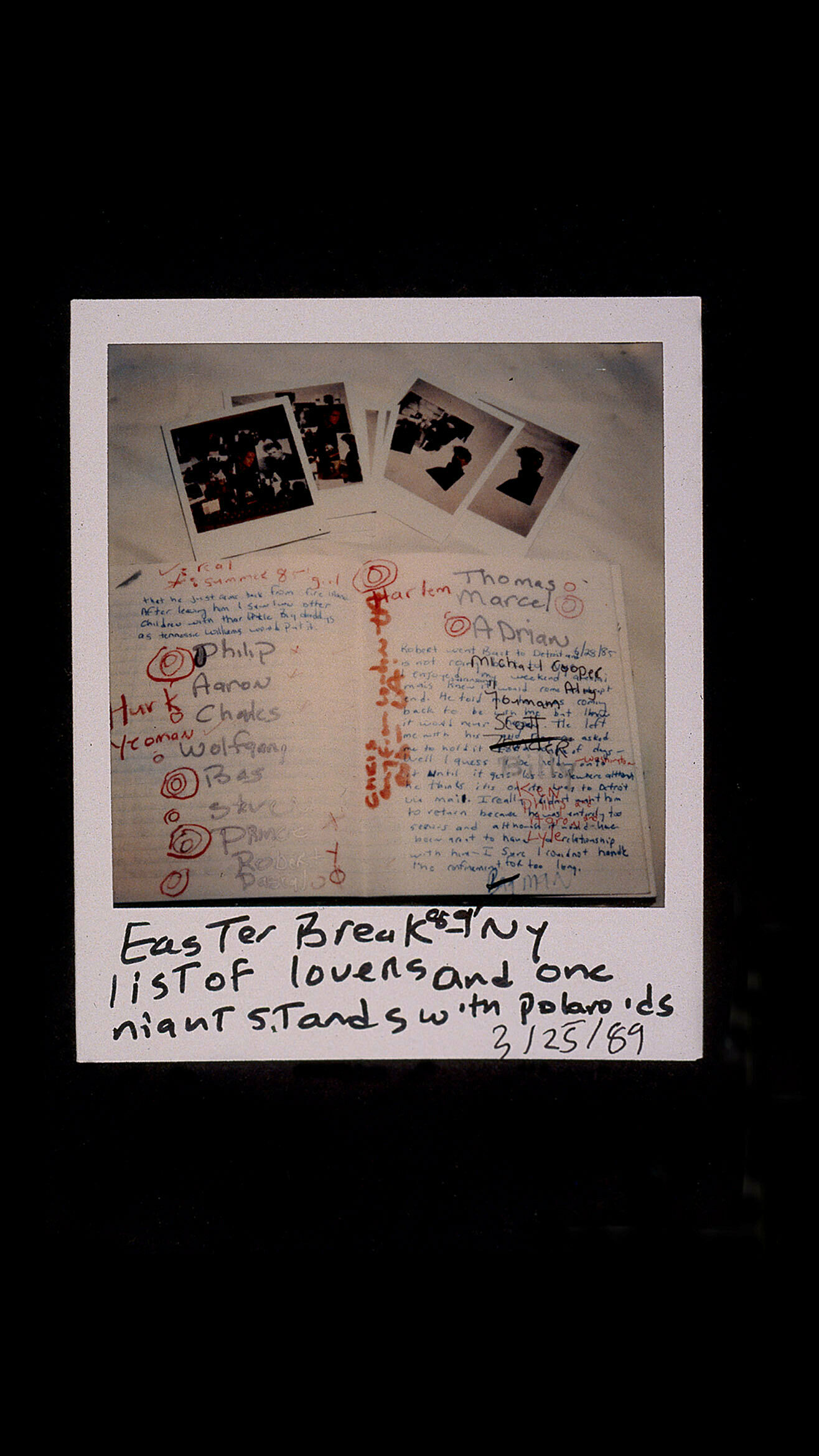 Polaroid photos spread on a handwritten journal page with names and notes, captioned "Easter Break 89' NY list of lovers and one night stands with Polaroids 3/25/89."