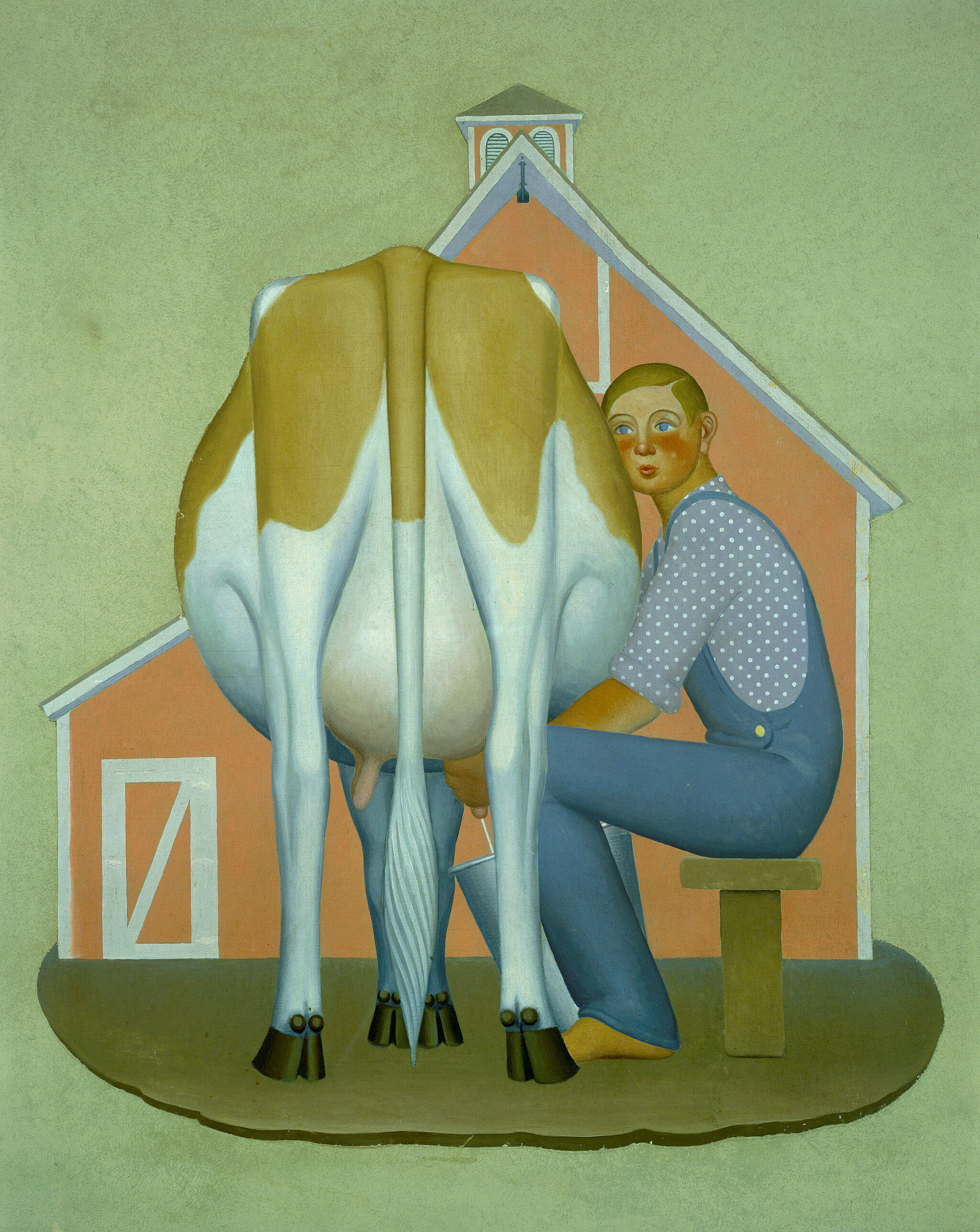 Painting of a boy milking a cow.