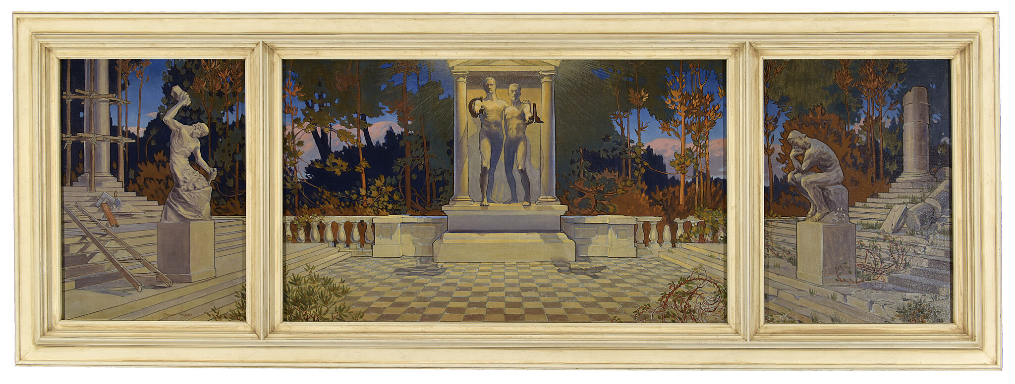 Three paneled painting of figure sculptures 