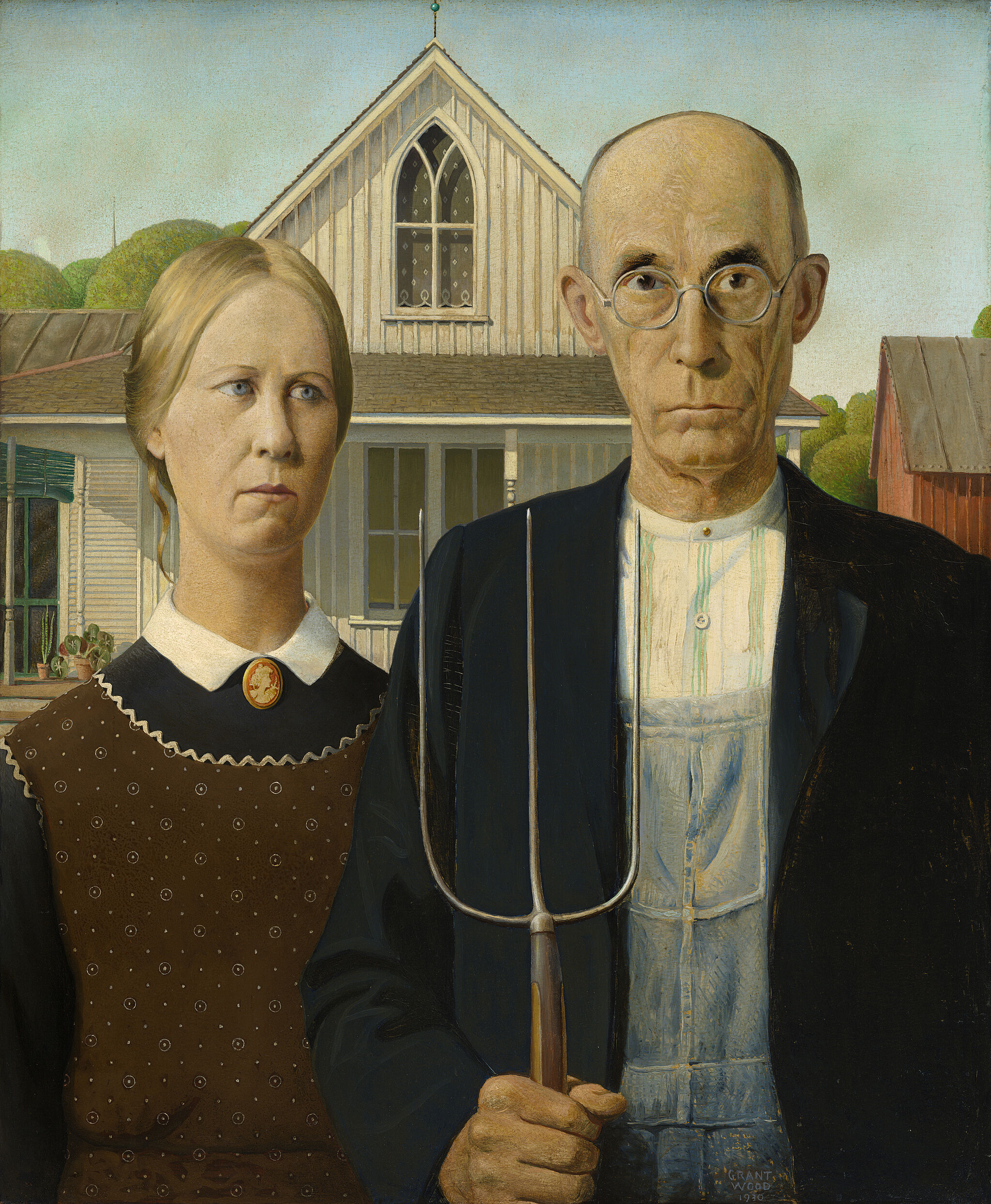 Painting of man holding a pitch fork and a woman in front of a house.