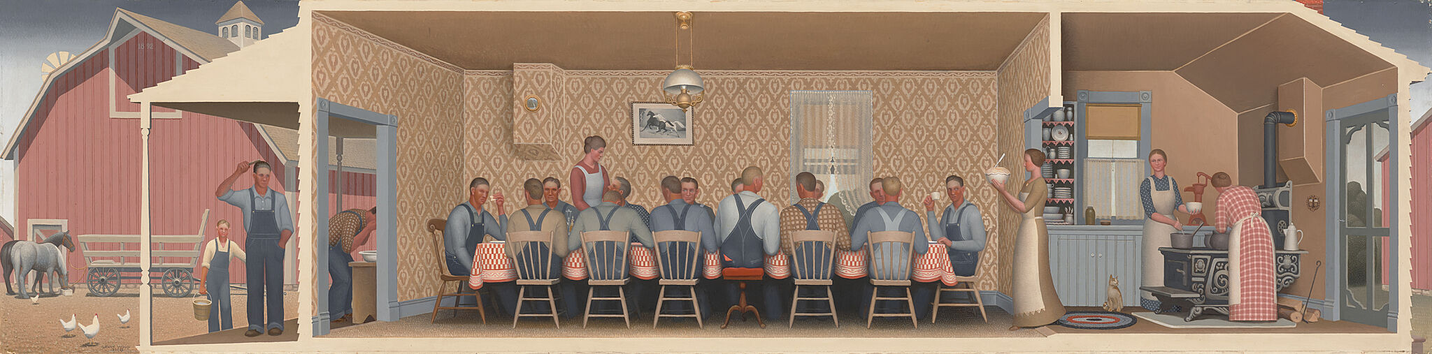 Painting of threshers dining and wives serving them.
