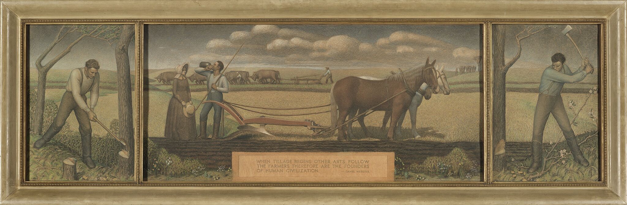 Drawing of two men breaking prairie, another stands holding the reigns of a horse and speaking to a woman.