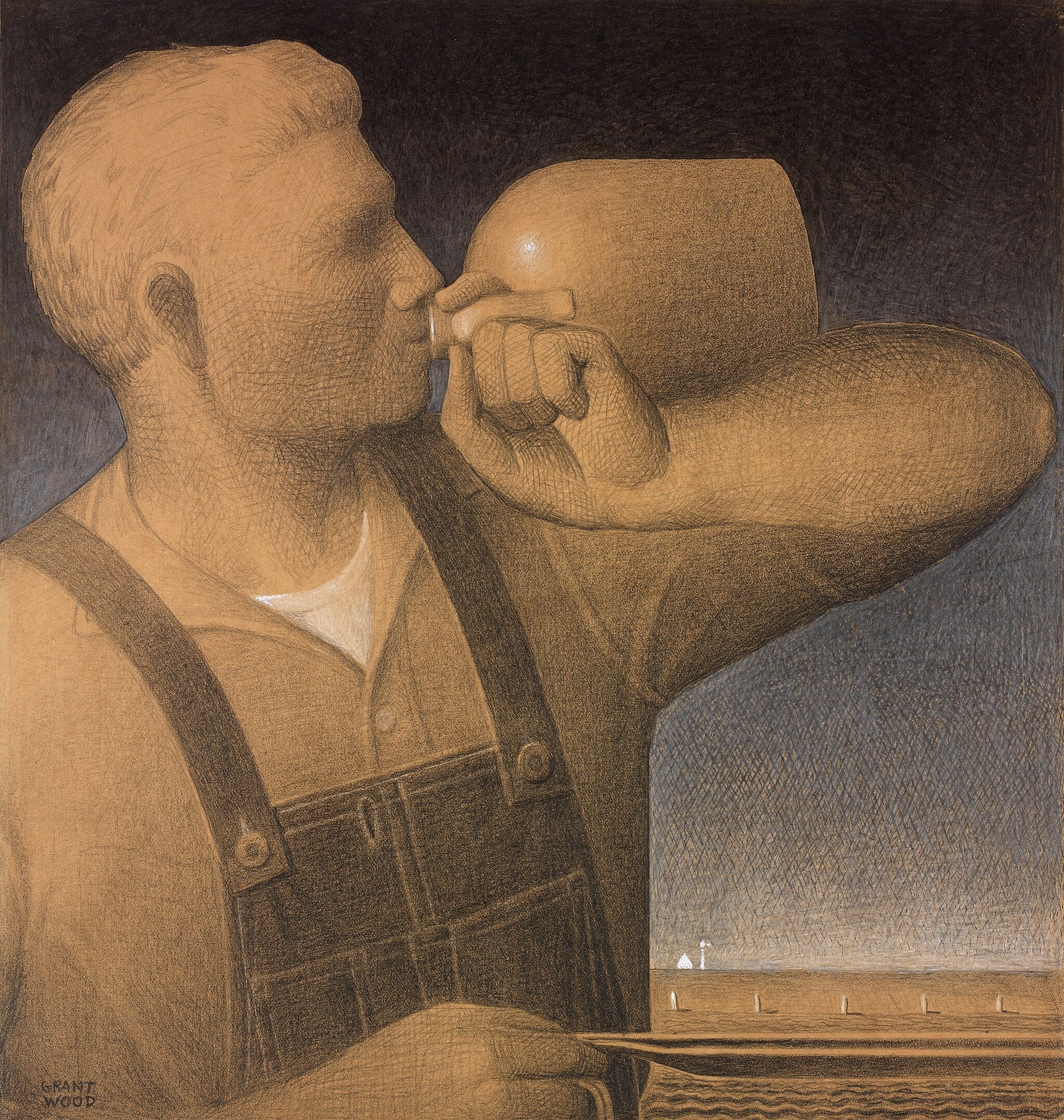 Painting of man drinking out of pewter jug holding reigns. 