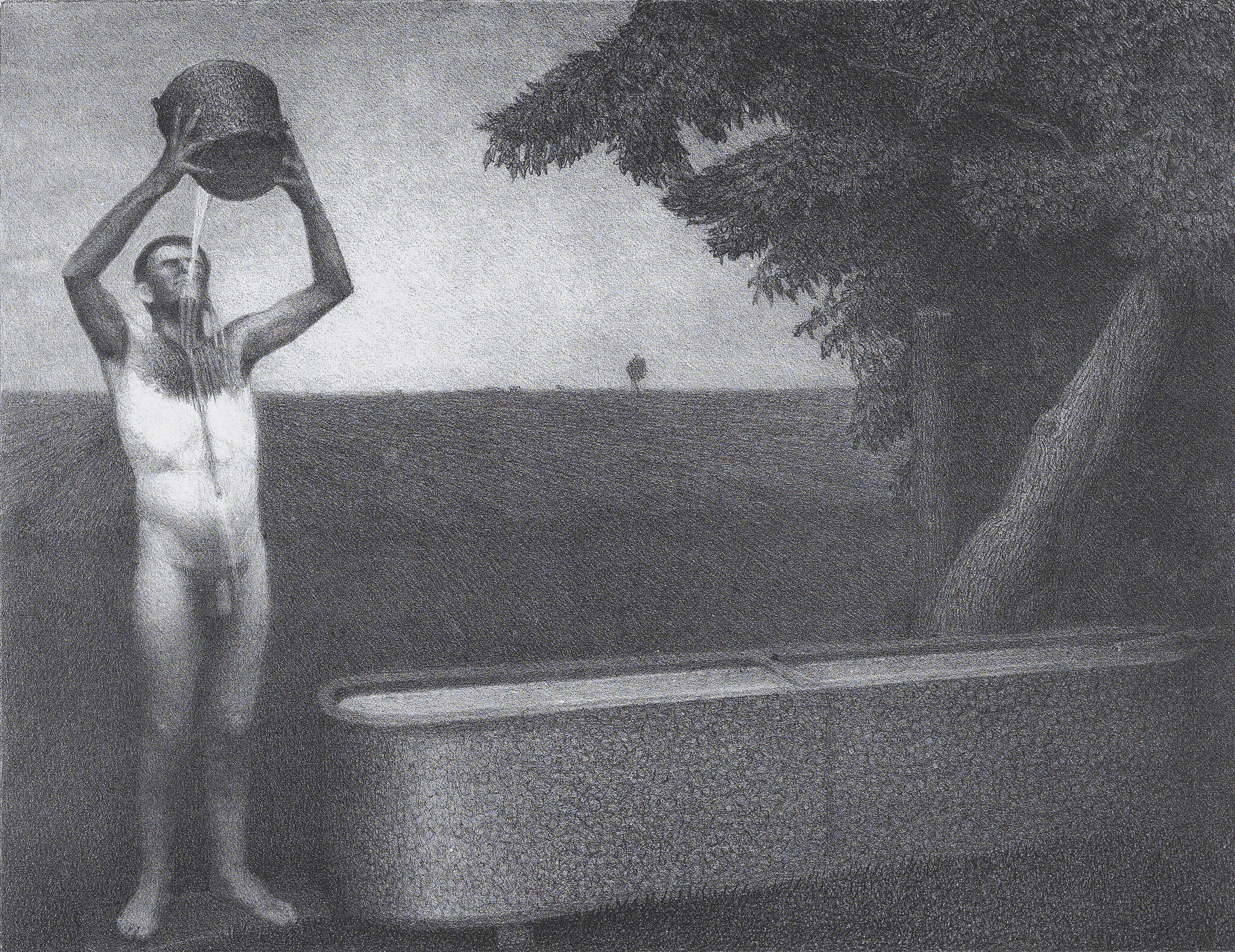 Print of man bathing nude outdoors with bucket.