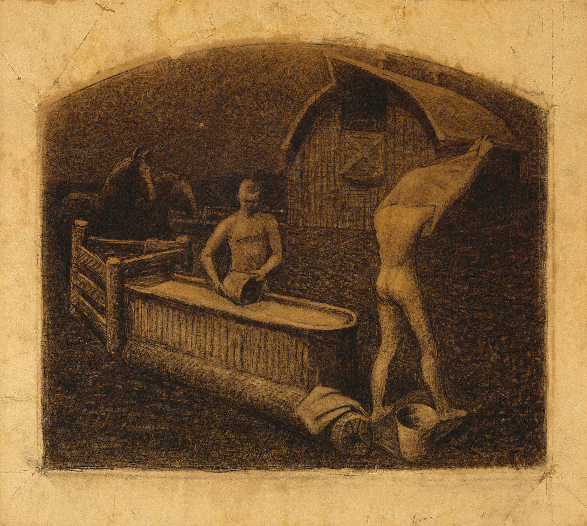 Charcoal drawing of two men preparing to bathe outdoors.
