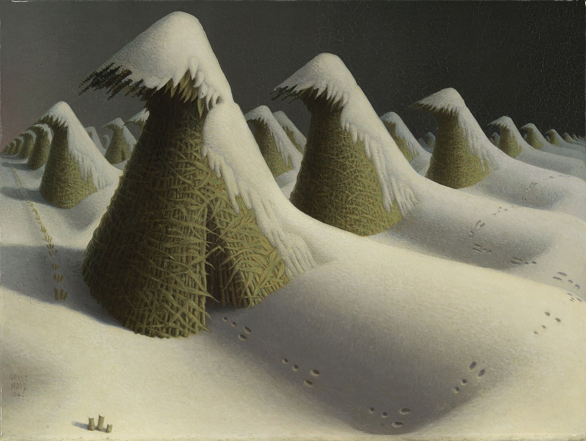 Painting of snow covered straw huts.