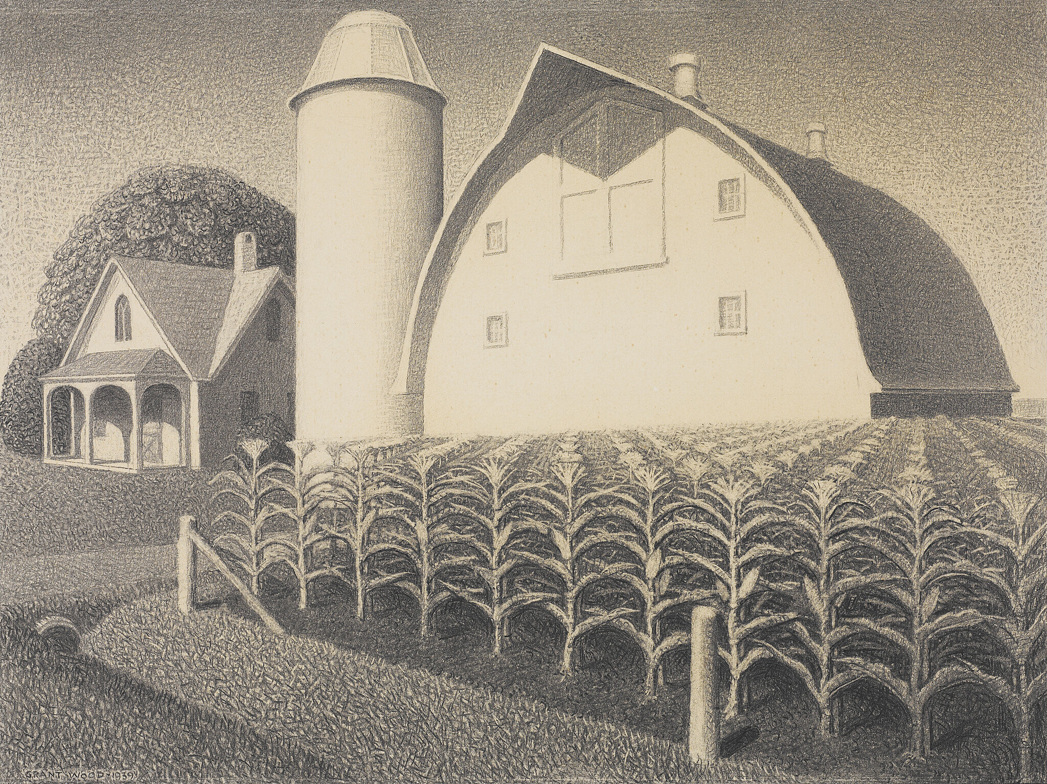 Drawing of farm and fertile crops.