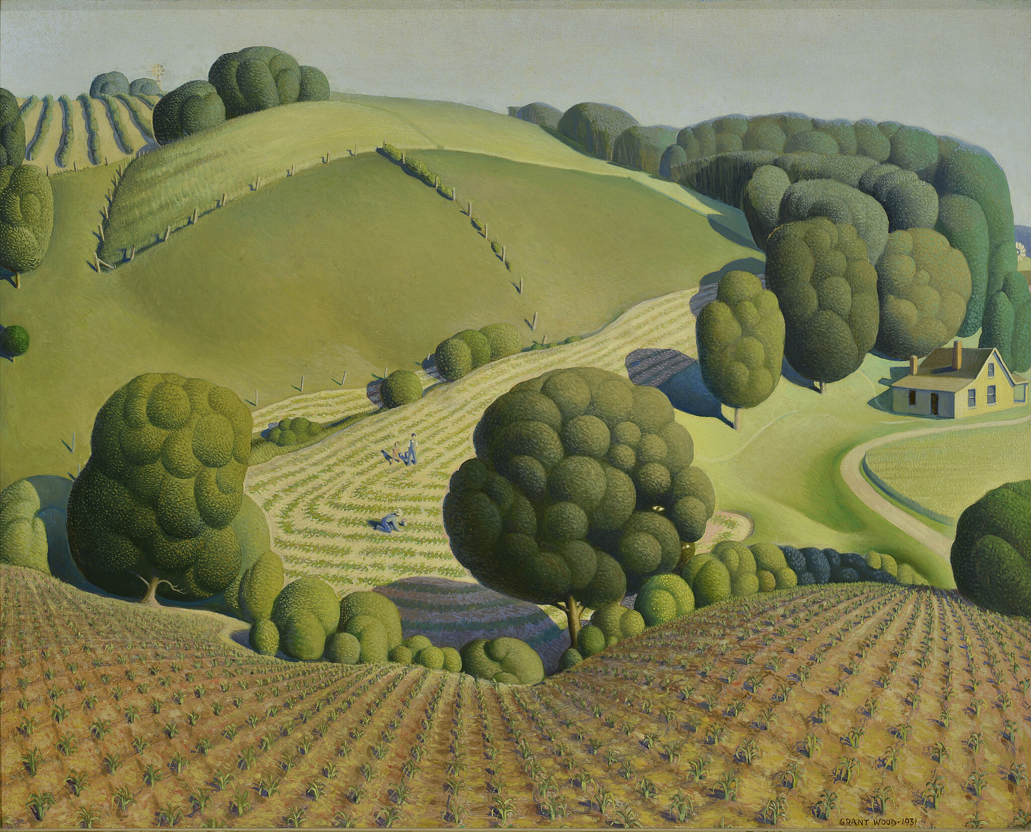 Aerial landscape painting of green farmland with newly planted harvest. 