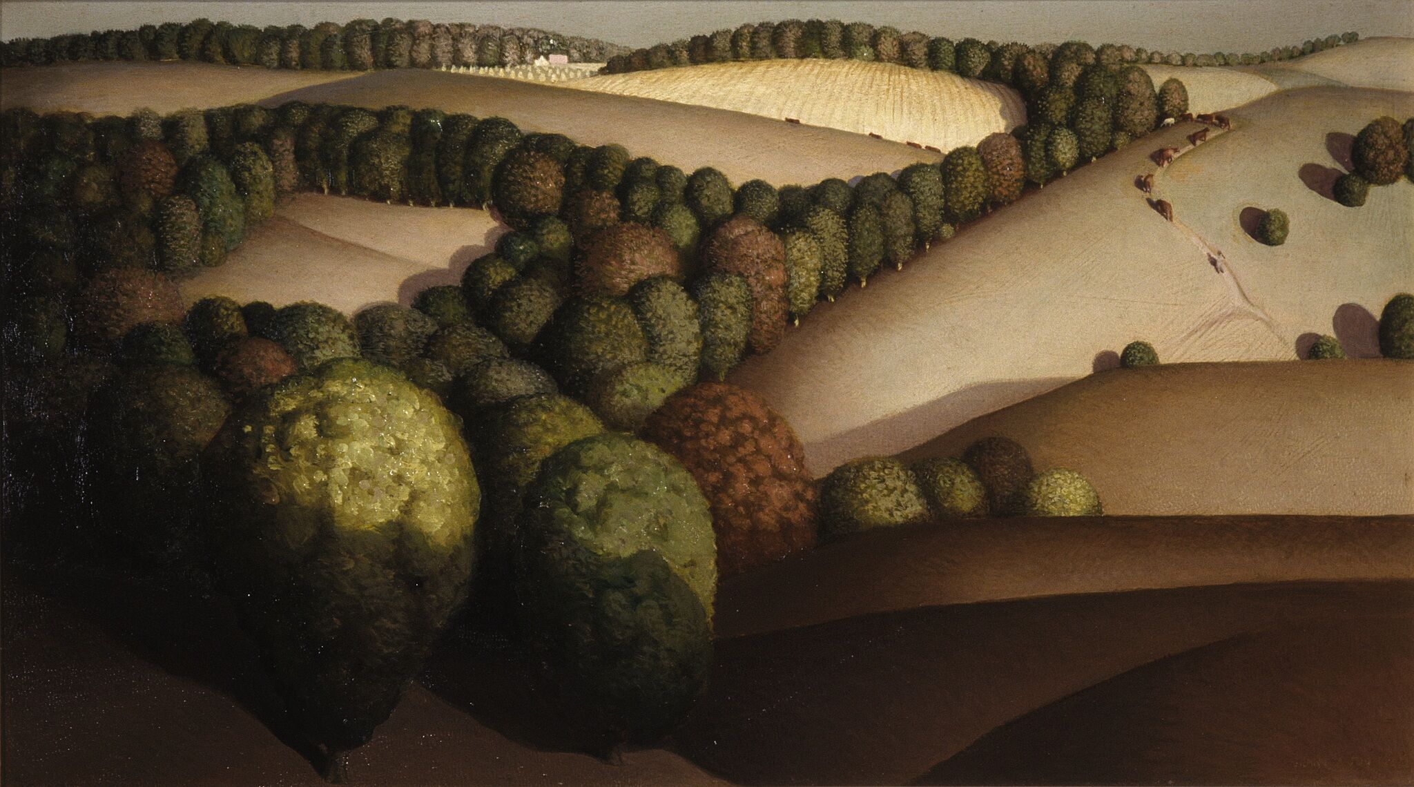 Aerial view painting of farm land with shadows descending over trees.