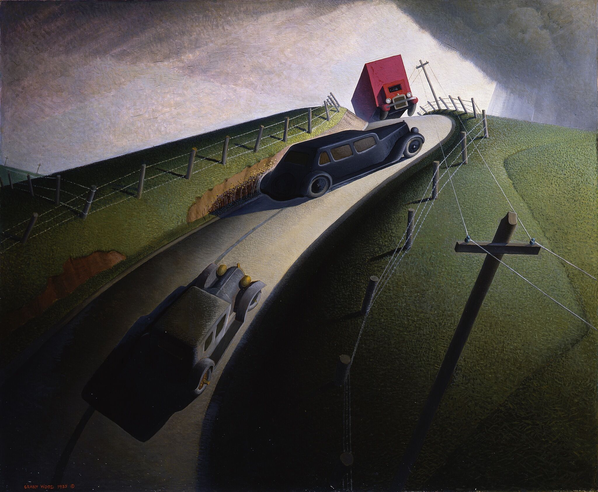 Painting of impending car accident on a steeply-inclined road.