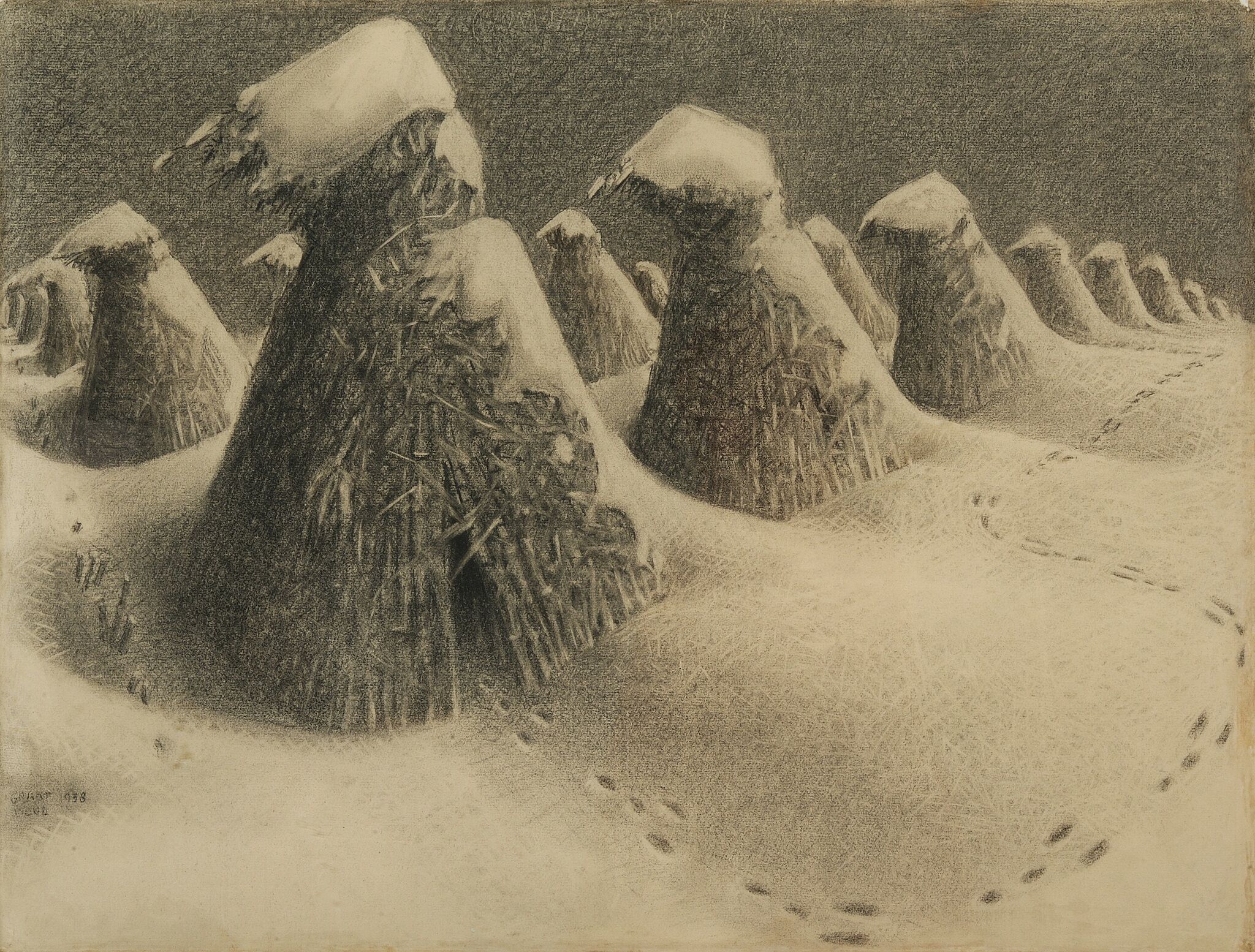 Sketch of hay structures covered in snow. 