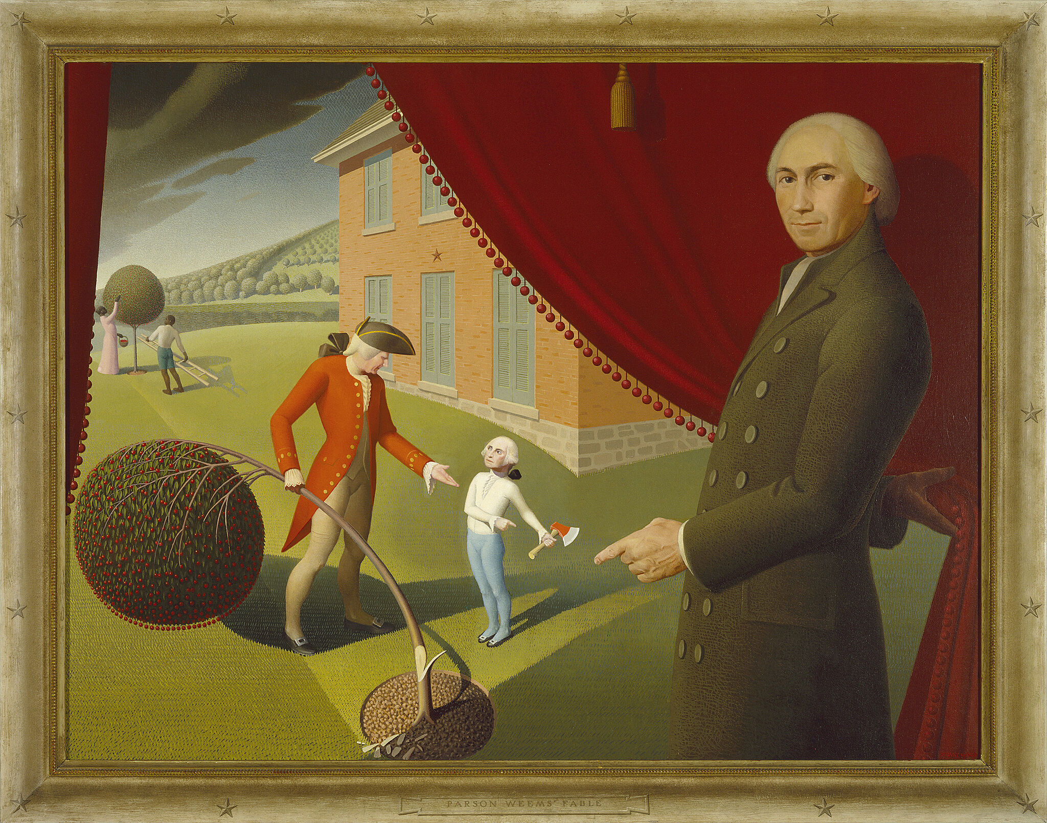 Depiction of fable in which young George Washington cuts down a cherry tree. 