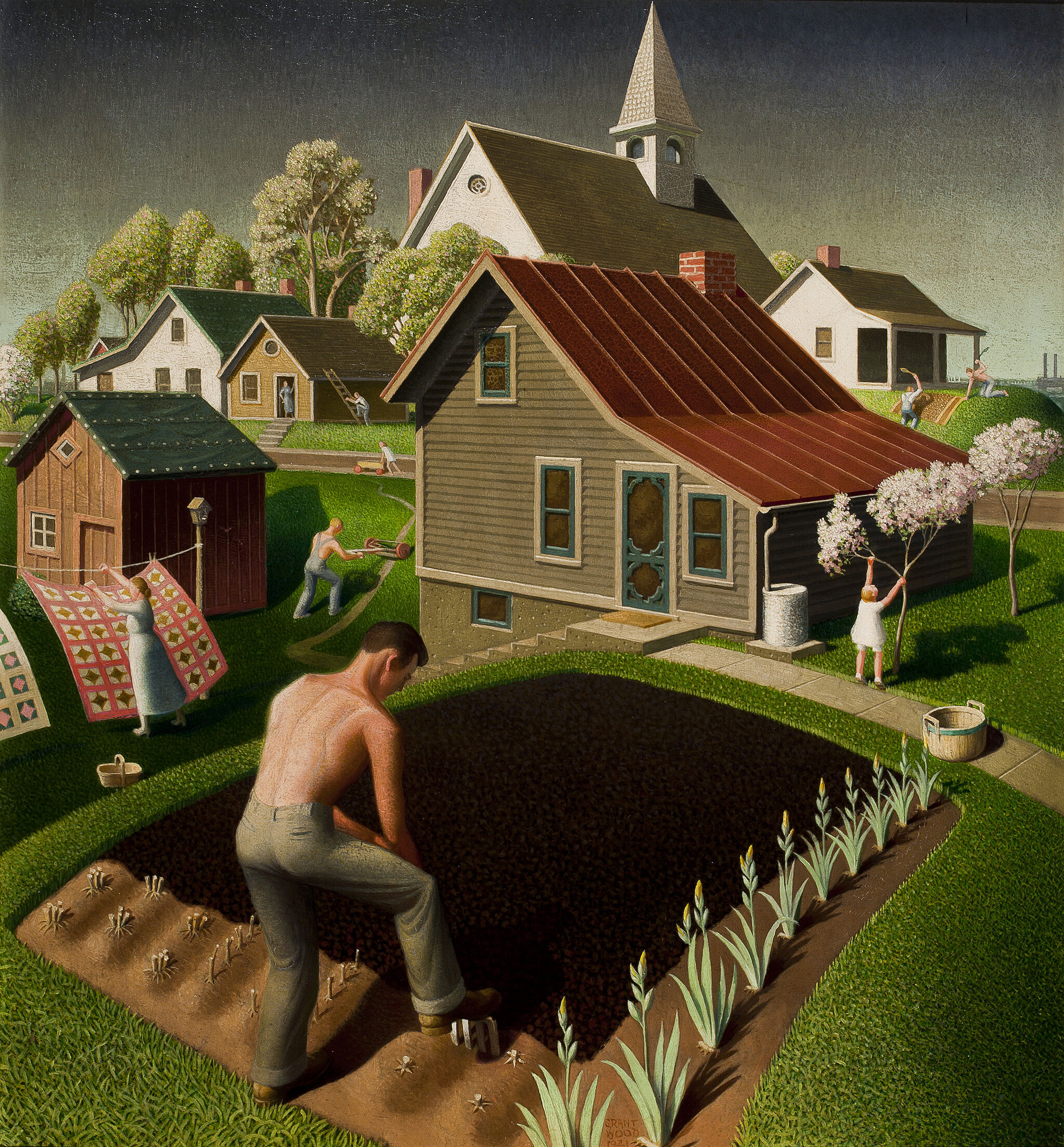 Painting of a spring town scene. A man plants a garden, a woman takes clothes off a line, a child reaches for a flower on a tree branch and a man mows his lawn.