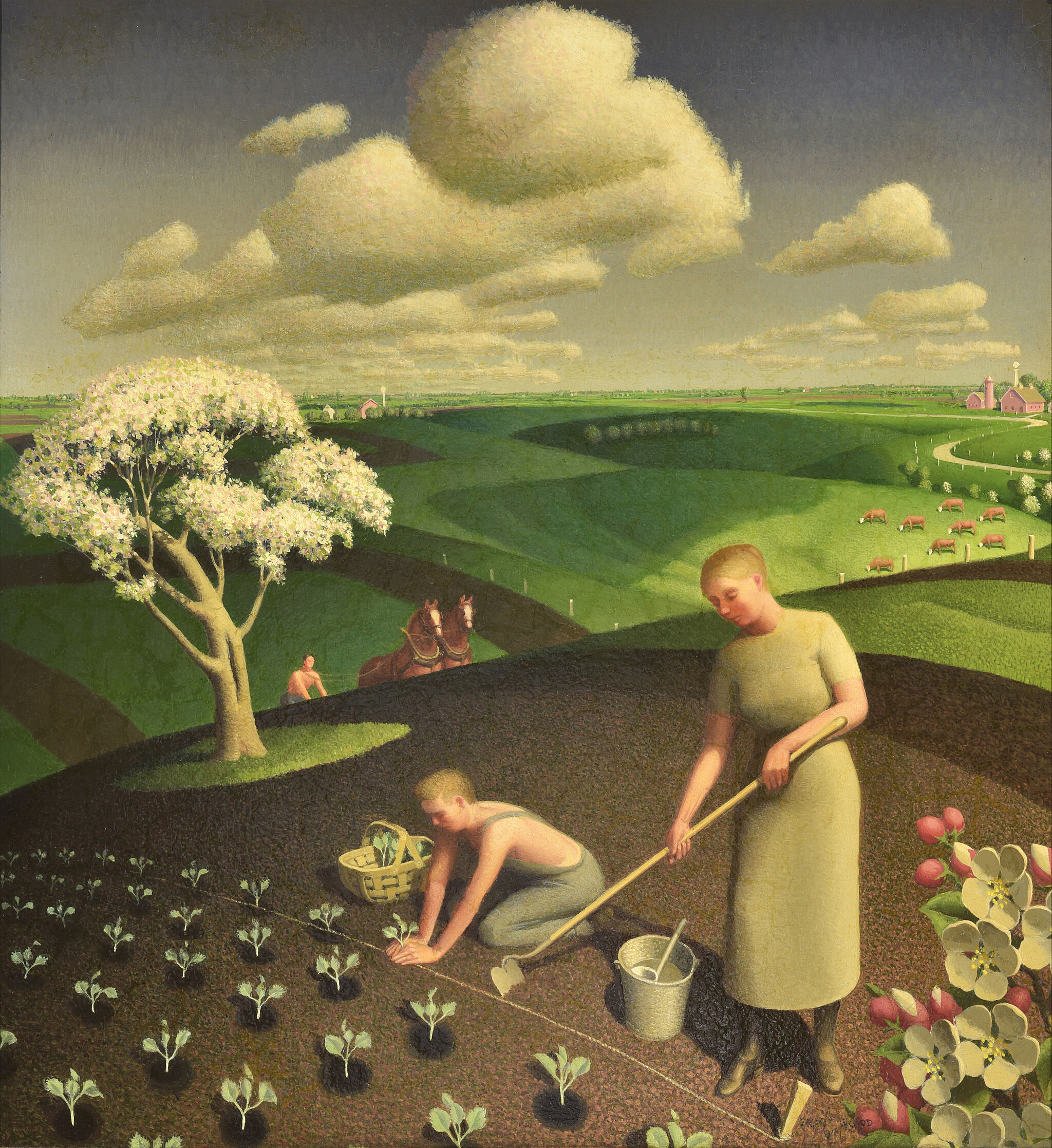 Painting of a country landscape. In the foreground, a woman in child plant crops as a man approaches on a horse and wagon behind them.