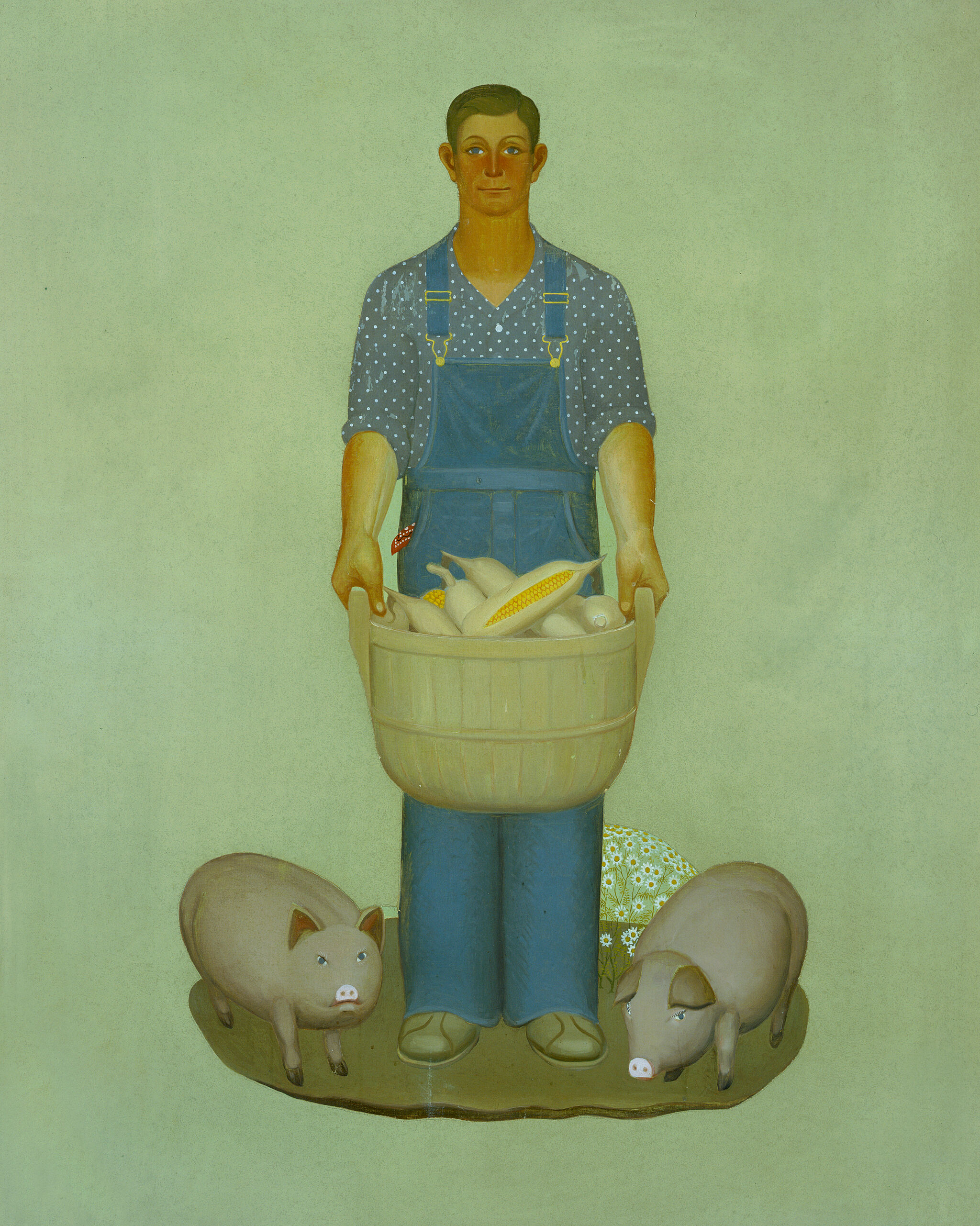 Farmer with pigs and corn.
