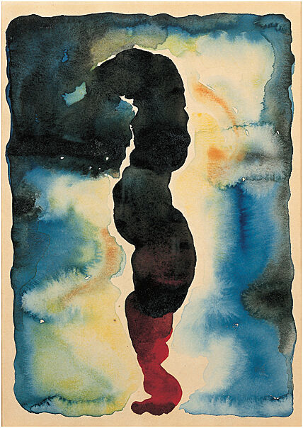 Abstract watercolor painting with red, black and blue cloud-like images.