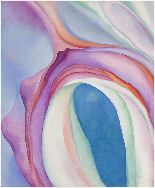 Pastel pink and blue abstract oil painting of flower.