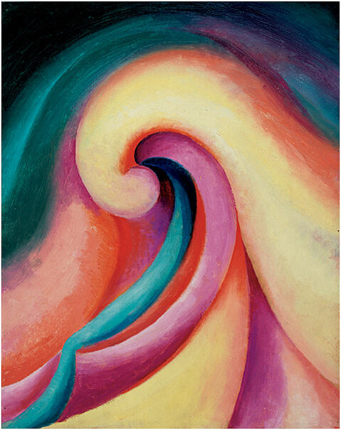 Abstract oil painting with bright yellow, pink, blue orange, teal swirl. 