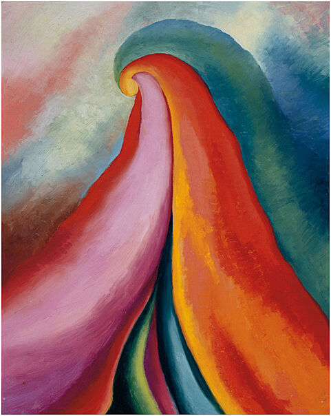 Oil painting depicting bright multi-colored swirl. 