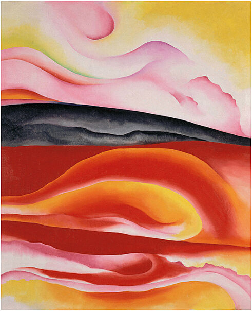 Abstract oil painting with red, yellow, pink, orange and black streaks. 