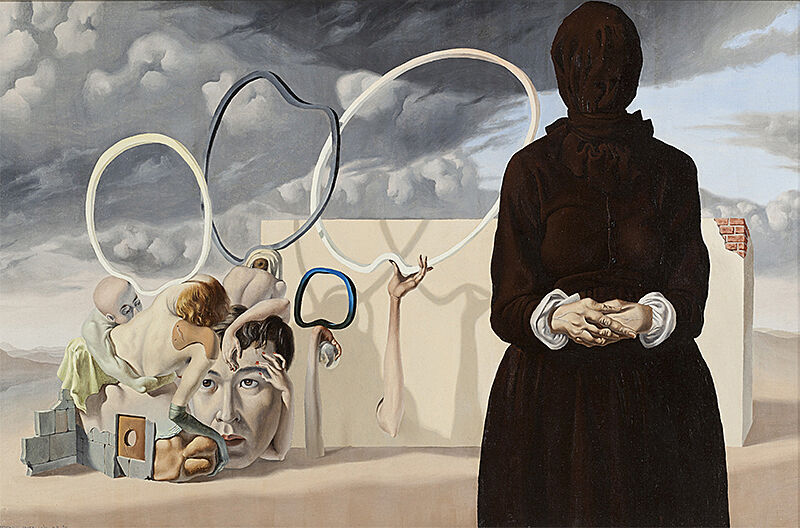 Surrealist oil painting depicting a figure in a dark cloak with it's face covered on the right, and a medley disjointed body parts on the left. 