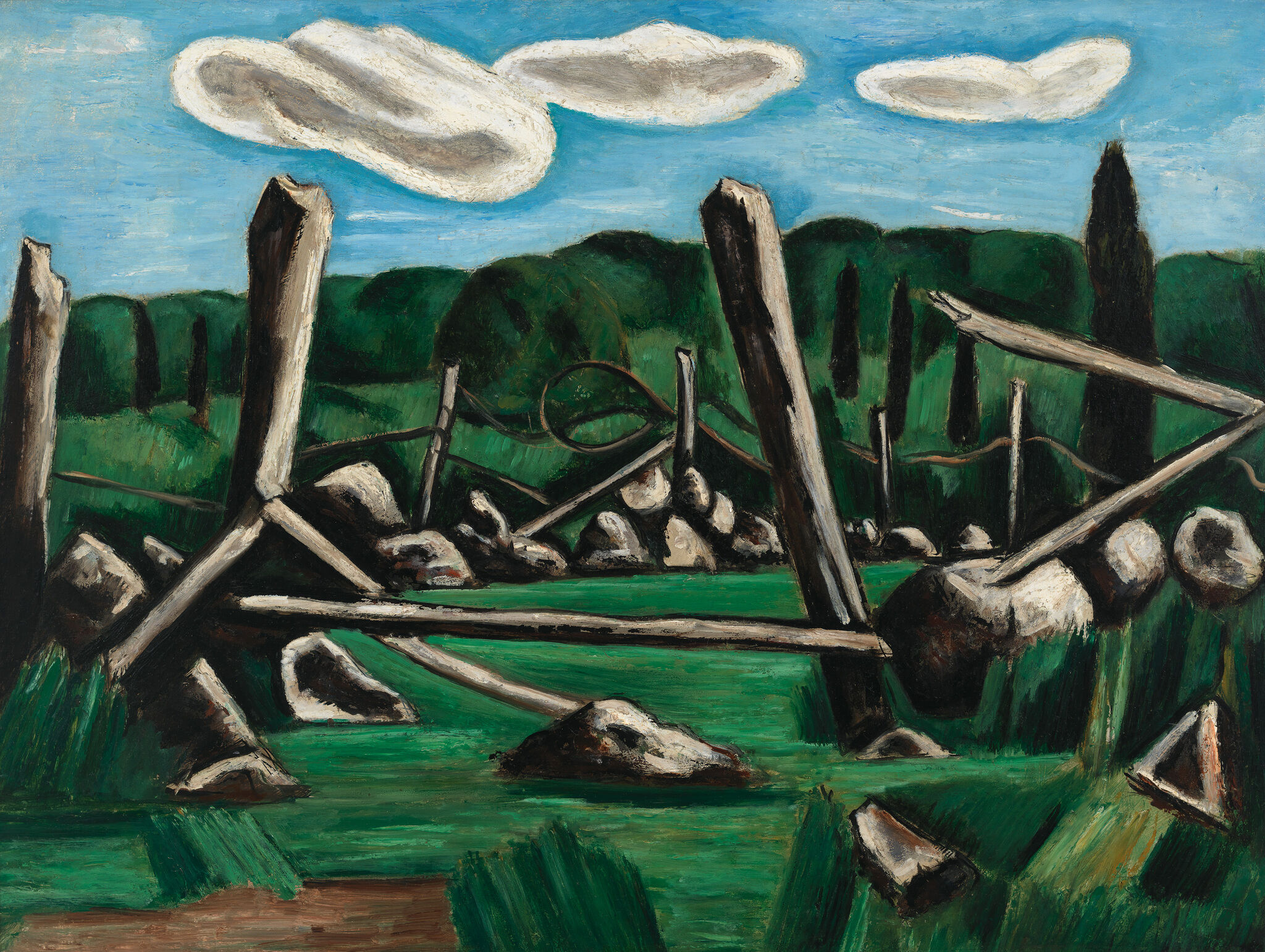 Oil painting of a broken fence and outdoor green forest scenery. 
