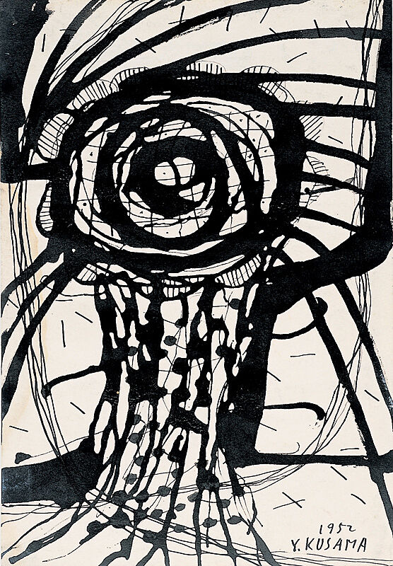 Abstract black ink painting on white background depicting a flower growing from the earth.