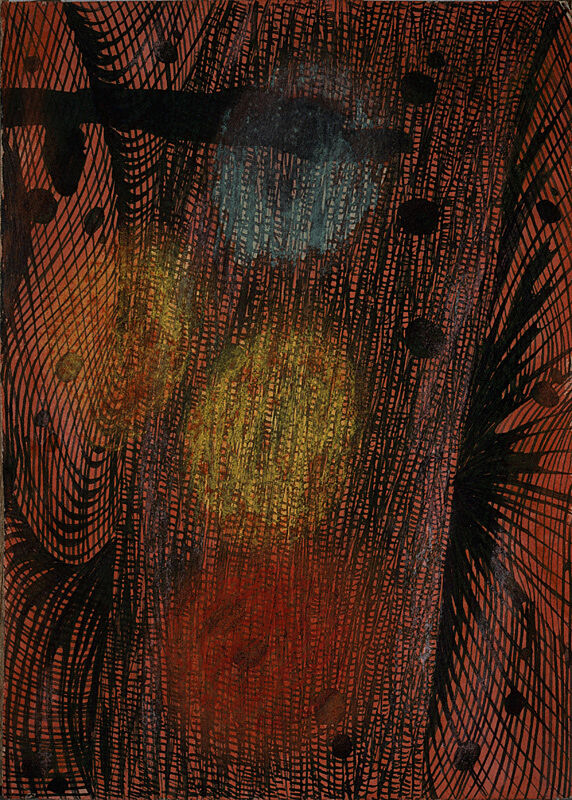 Abstract ink and pastel painting with brown background, intricate black detail and a green and blue pastel circle.