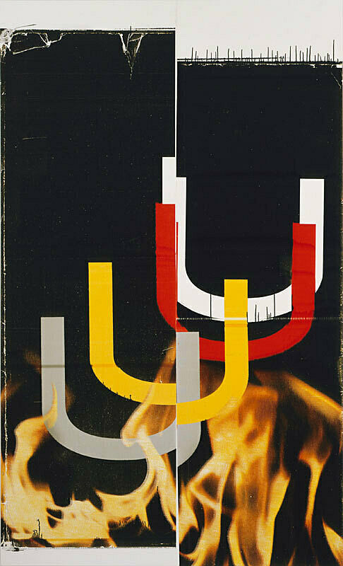 Two paneled black linen piece with gray, yellow, red and white u-shaped images with orange flames beneath them.
