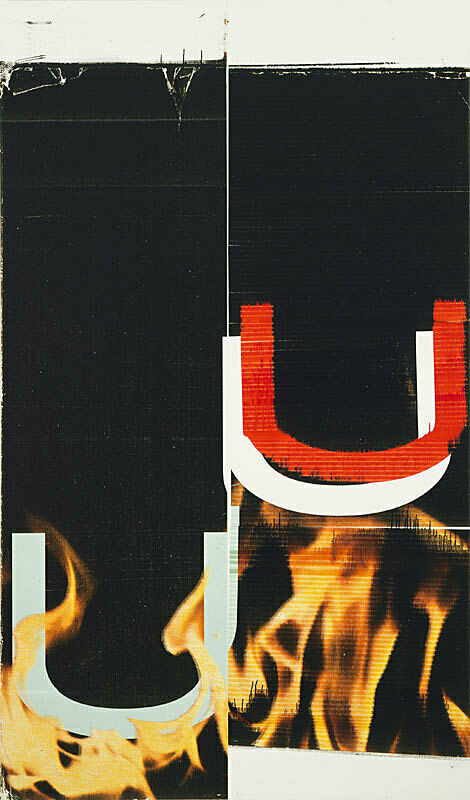 Two paneled black linen piece with two white and one red u-shaped image and orange flames.