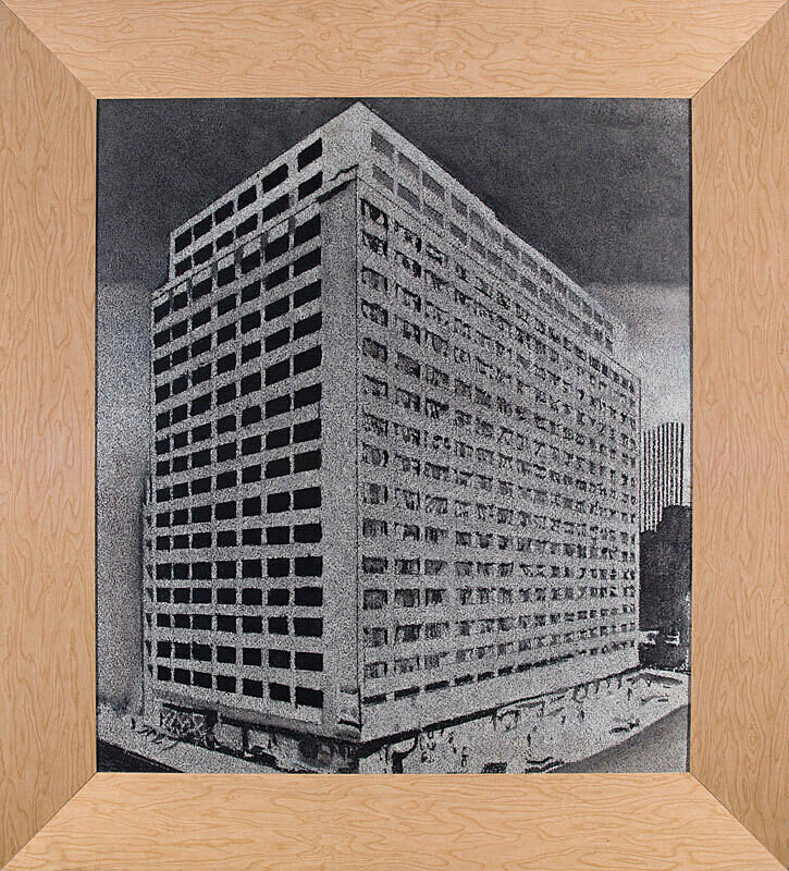 Black and white drawing of 17-story building with many windows in wooden frame.