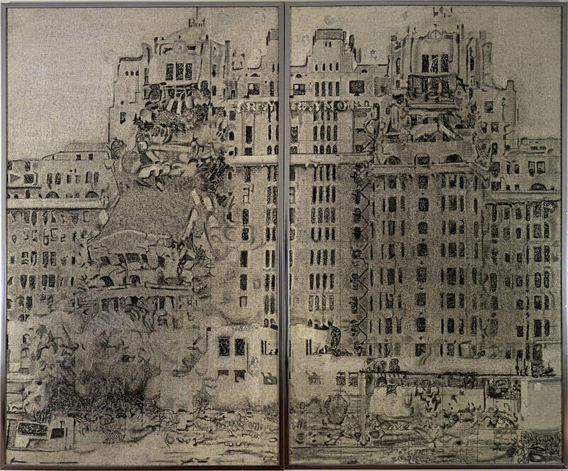 Two paneled black and white drawing of a building collapsing. 