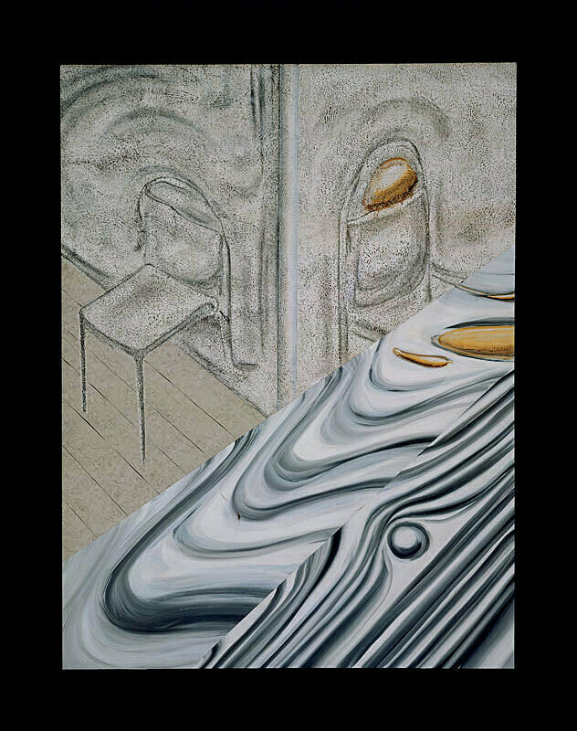 Painting depicting a marble counter top and two chairs.