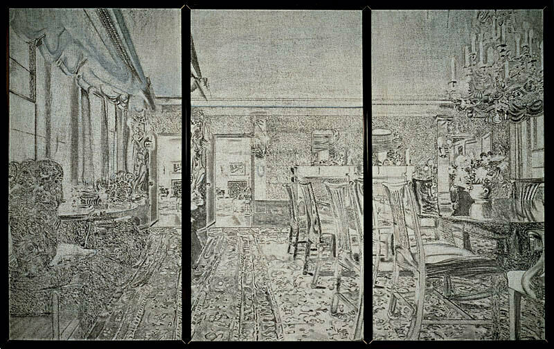 Three paneled black and white drawing of elaborately decorated dining room with a table, chairs, chandelier etc.
