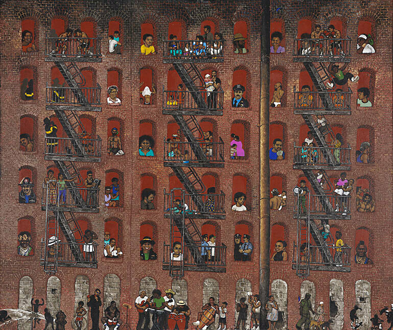 Painting of a large brick apartment building with various people and scenes depicted in each window and on the street below.