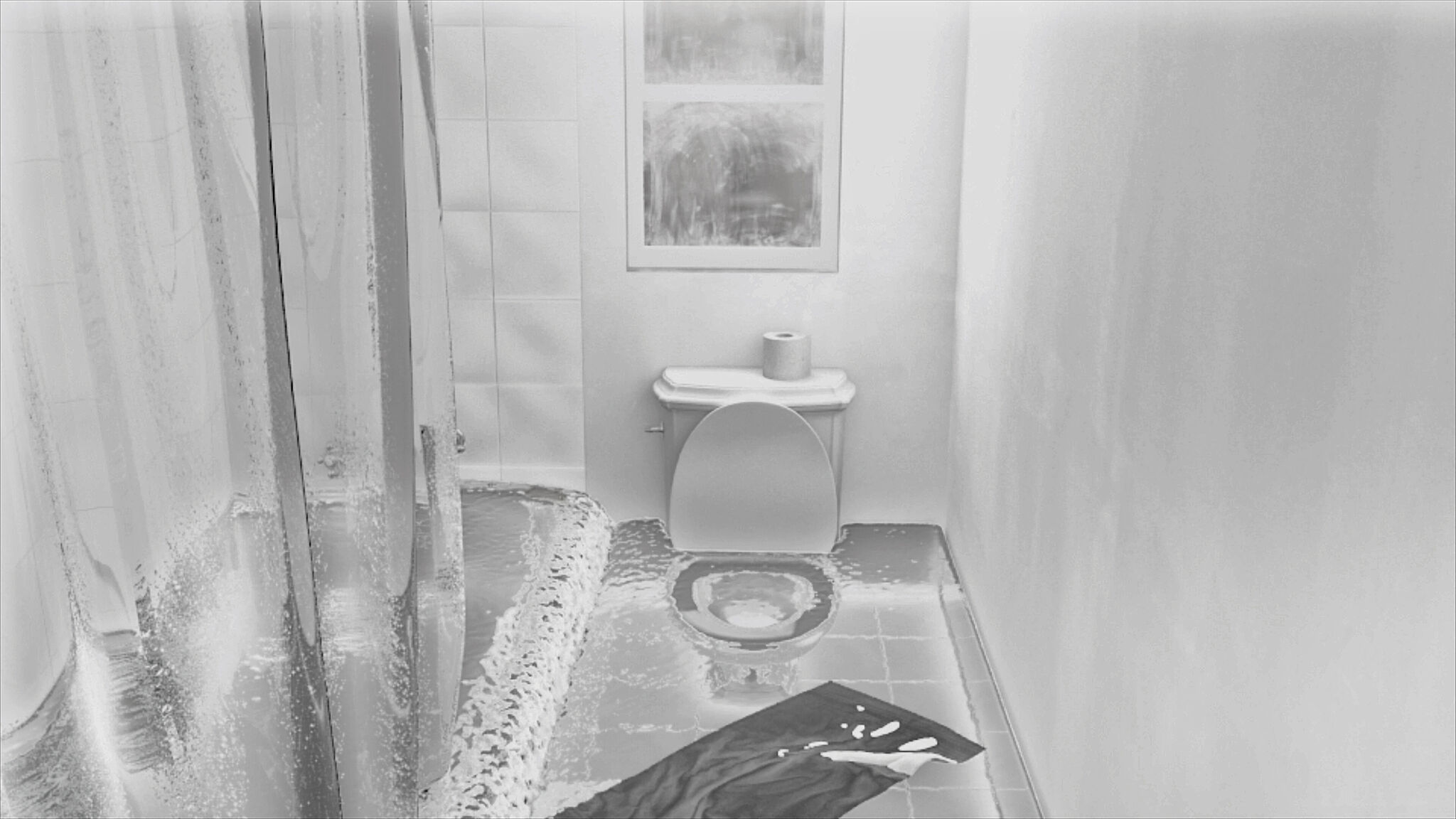 Film still of a bathroom.
