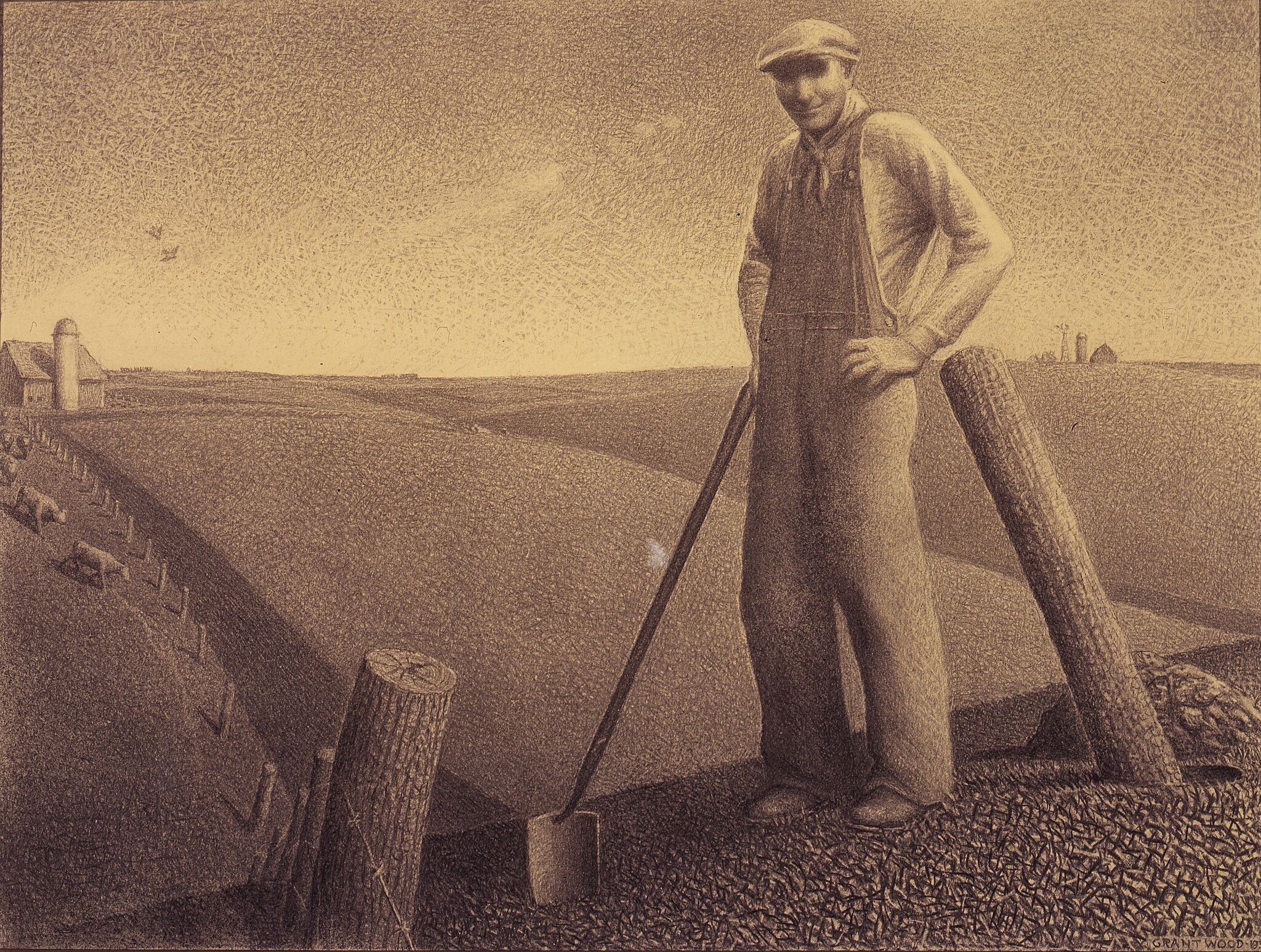 Charcoal drawing of man standing with a shovel.
