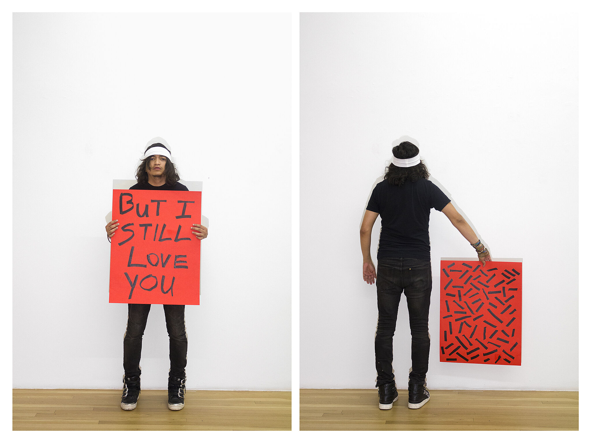 Two images of a man holding a red sign.