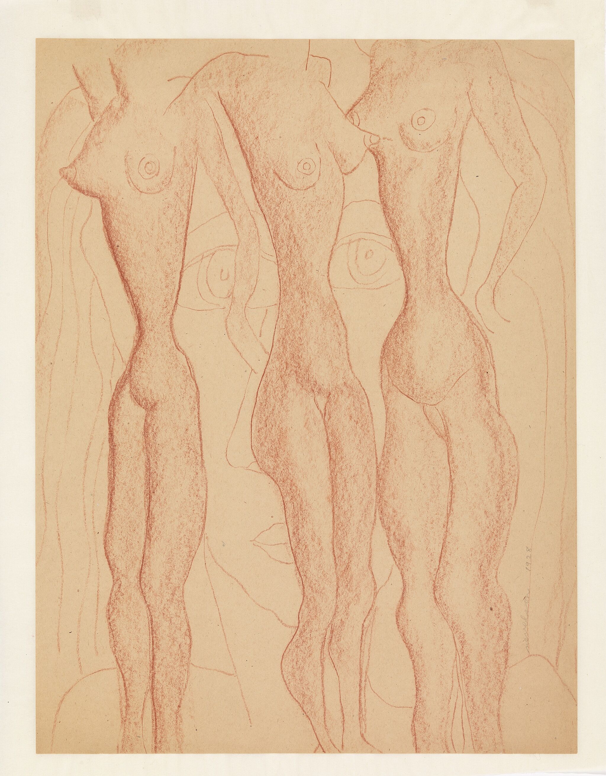 Sketch of elongated nude female bodies.