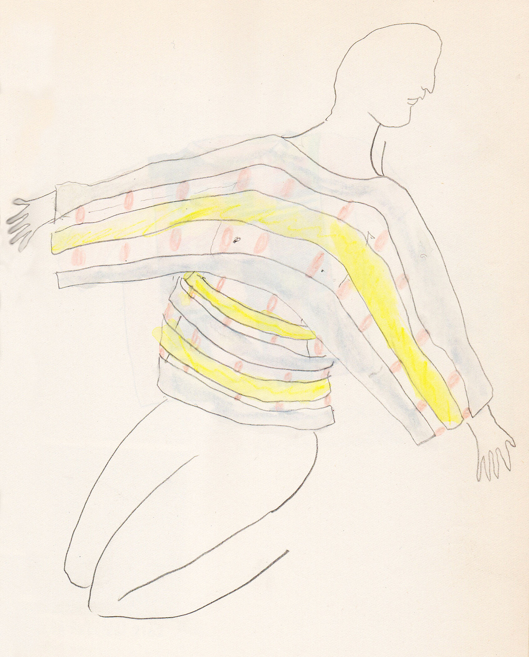 Drawing of a figure in a sweater with yellow stripes.