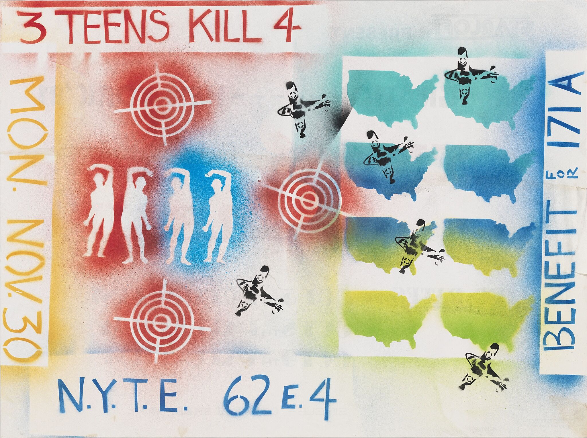 Spray paint print of human silhouettes, planes and shooting targets. 