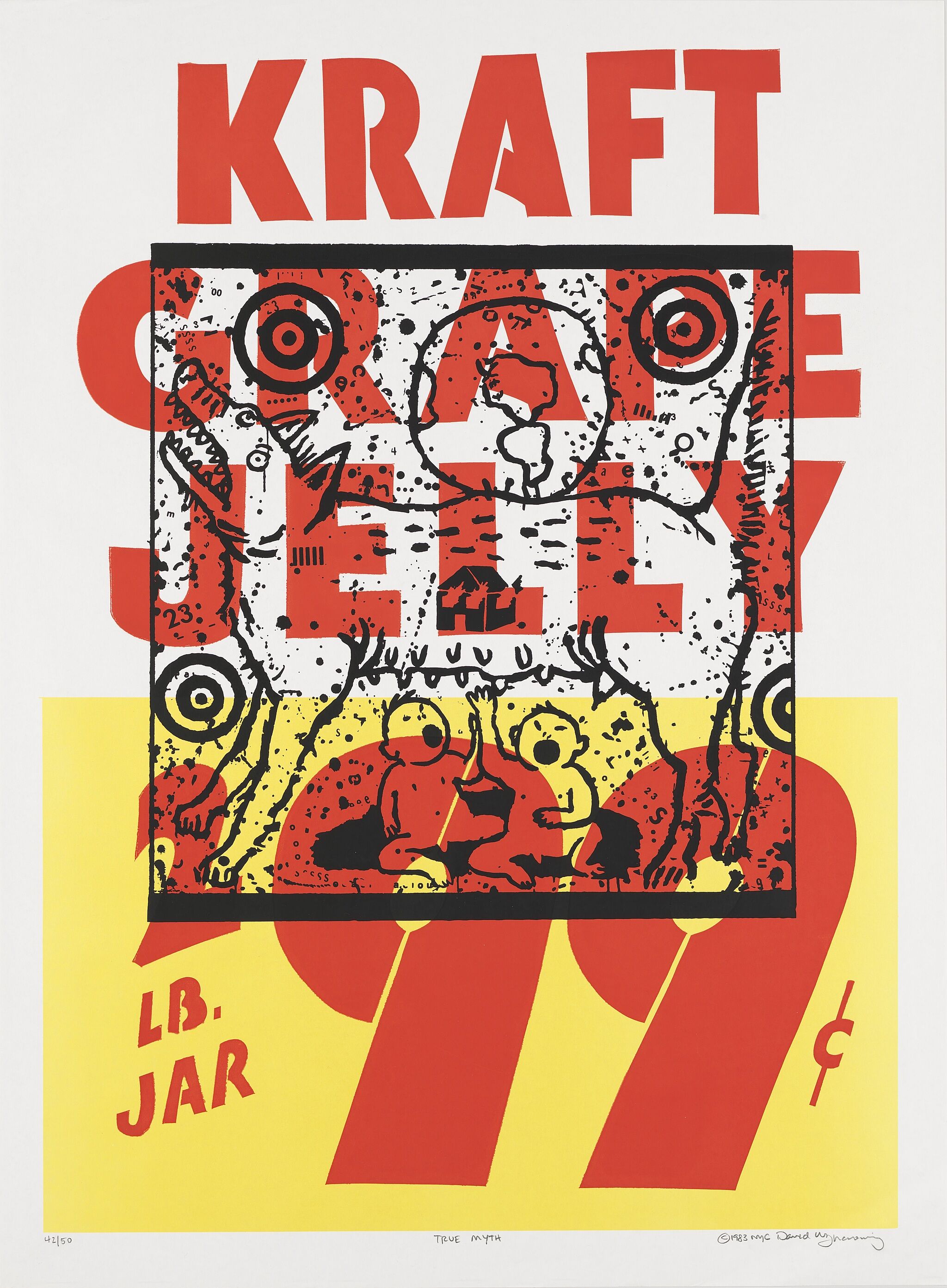A print of a grape jelly label overplayed with a drawing of a wolf and two babies. 