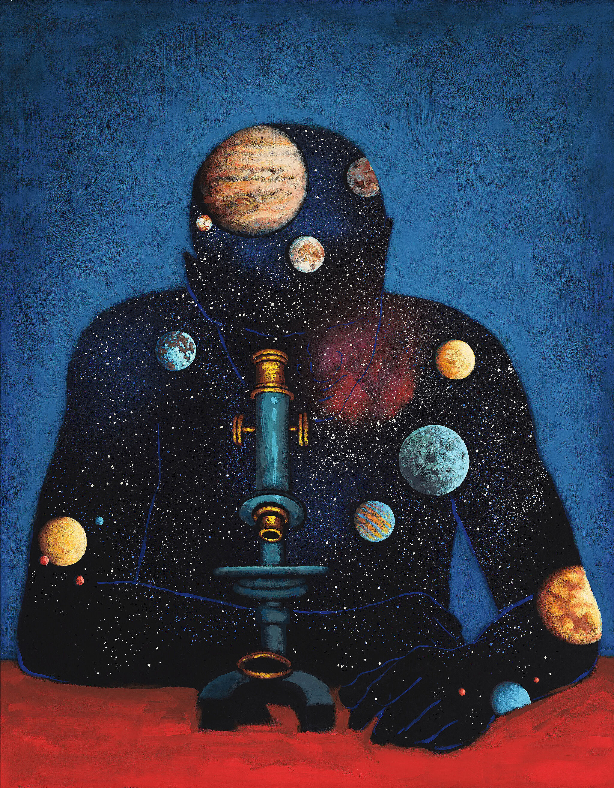 Painting of a man peering through a microscope. 